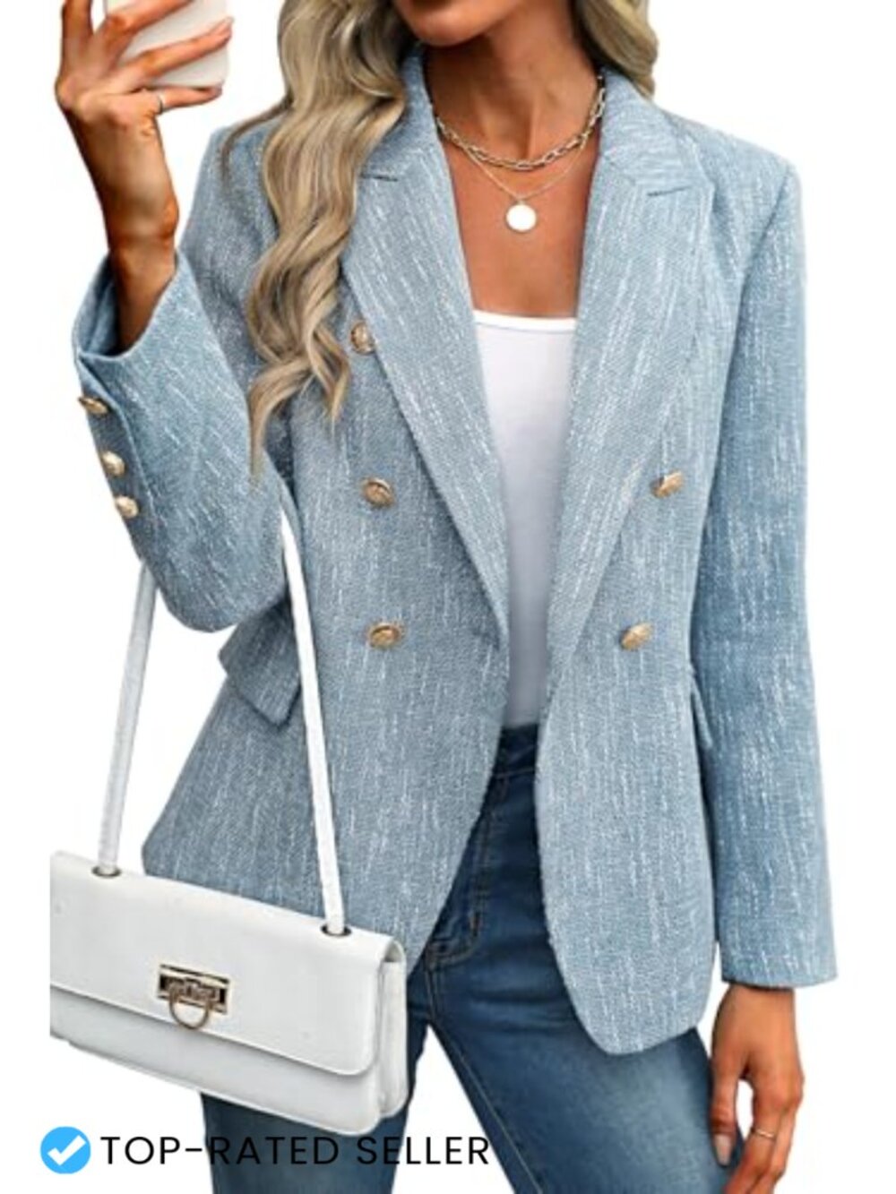 Tweed Blazer Double-Breasted Notch Collar Long Sleeve Business Casual